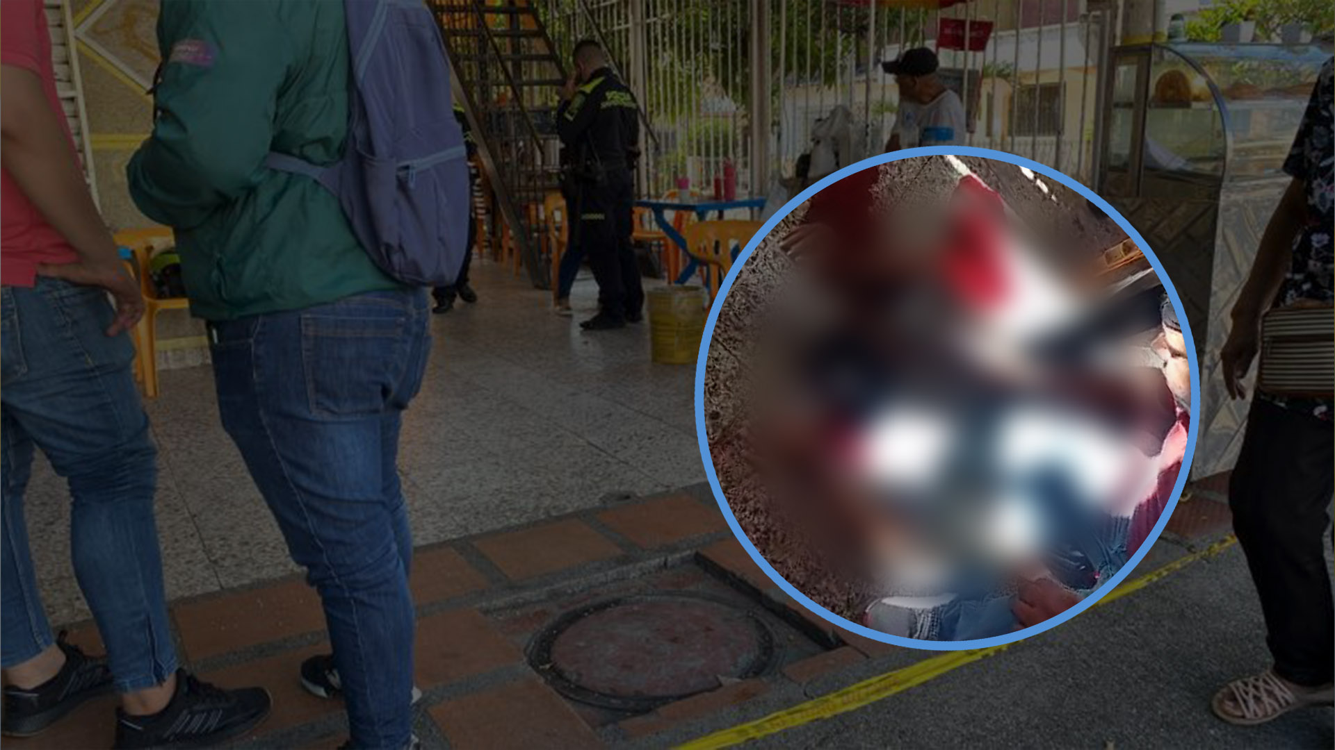 Escena del crimen y una imagen censurada del hombre herido por las balas, censurada para evitar herir sensibilidades