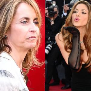 A la izquierda la mamá de Piqué y a la derecha Shakira lanzando un beso en medio de una alfombra roja