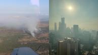 Zona del incendio (izquierda) y los efectos del humo en Barranquilla (derecha)